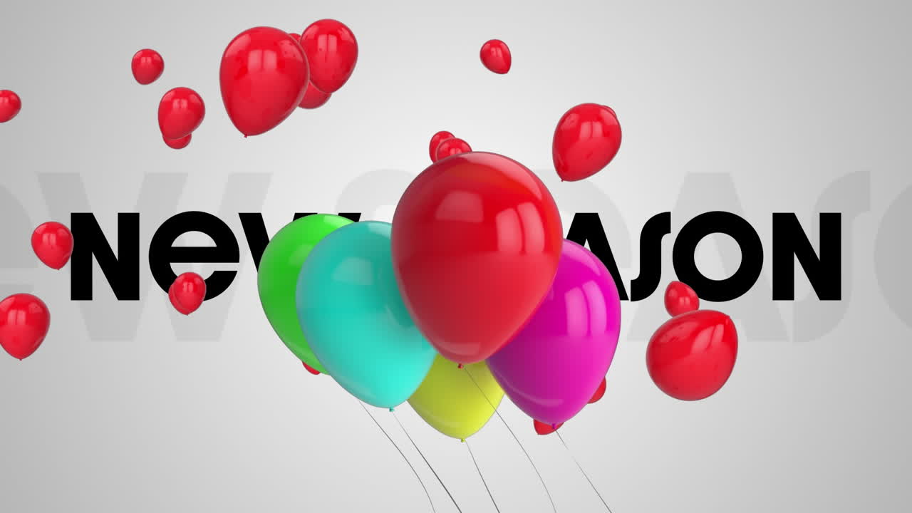 animación de un montón de globos coloridos y globos rojos flotando contra el banner de texto de la nueva temporada