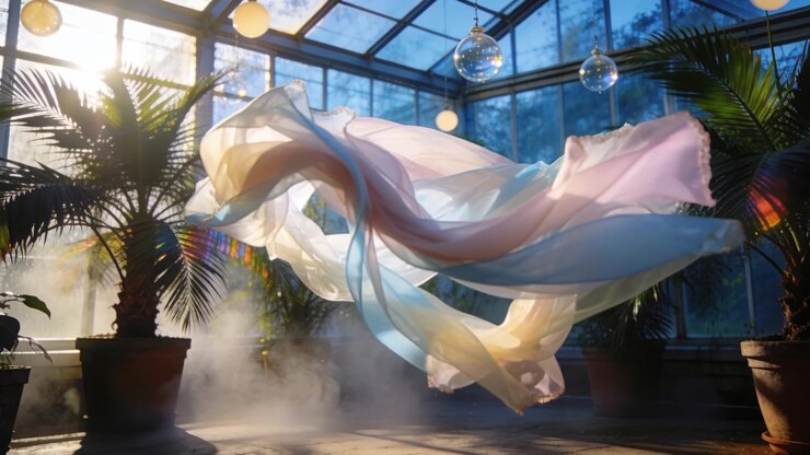 Tessuto in chiffon che fluttua e si attorciglia in una veranda in vetro, nebbia che si dirada vicino alle palme