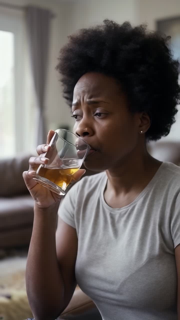 An afro woman sitting in her living room, depressed and sad, drinking alcohol from a glass