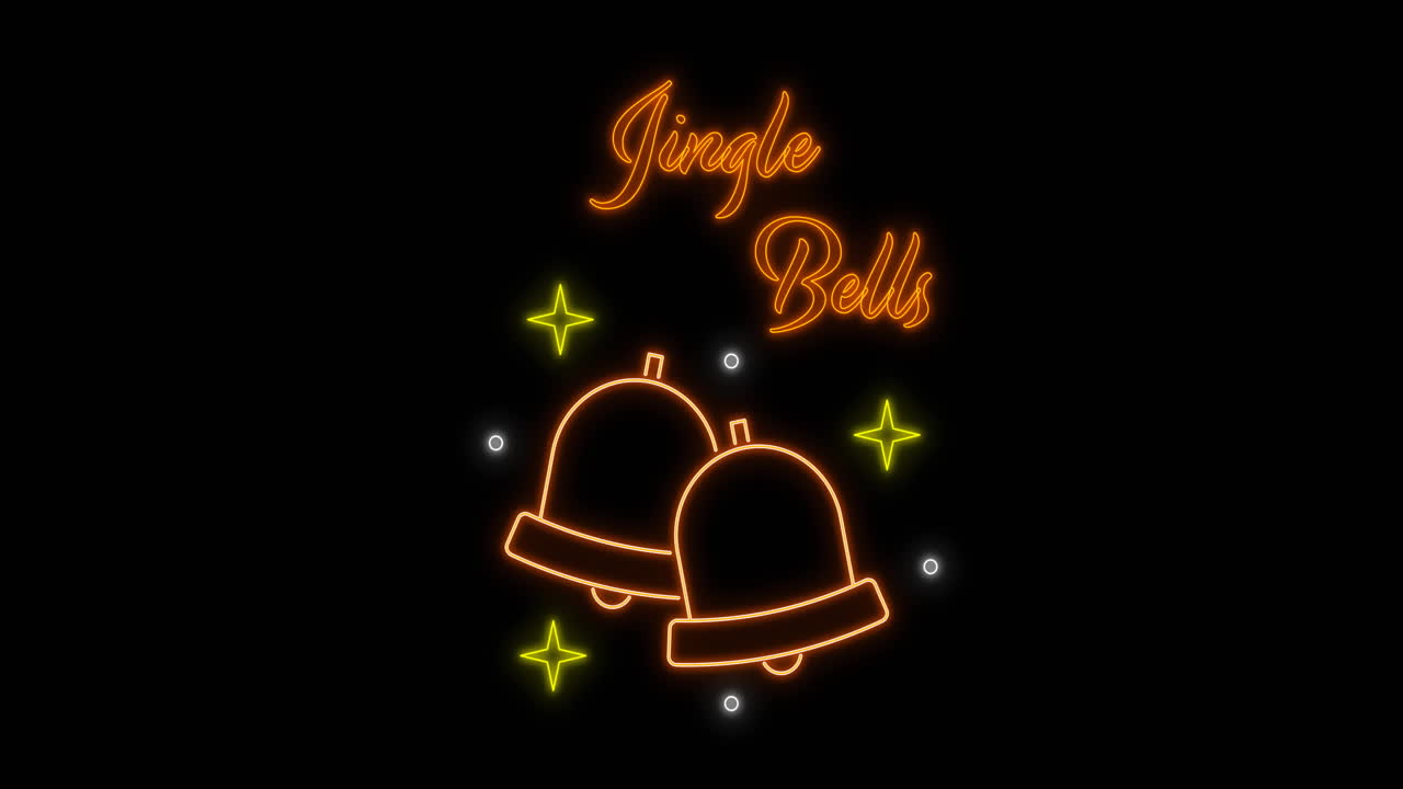Animation of jingle bells christmas neon text with bells over black background