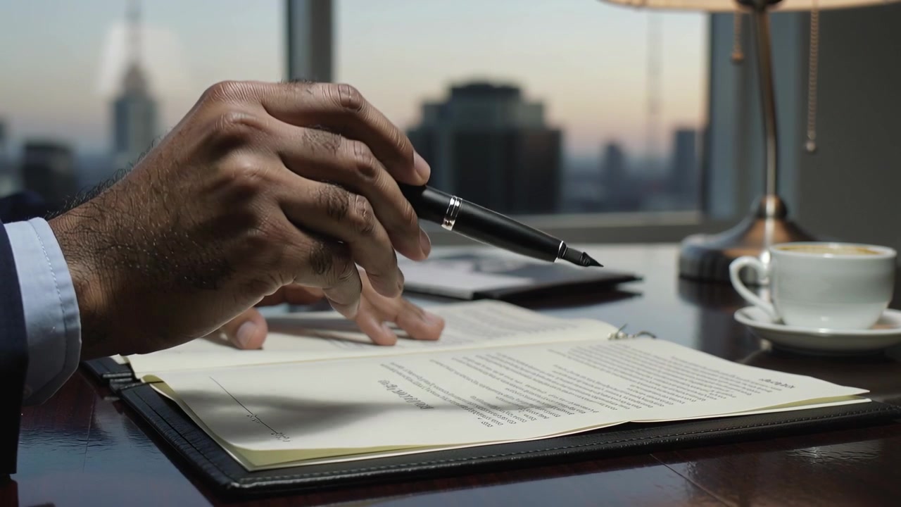 Flipping man wearing suit finding signature line at desk reaching pen to sign contract