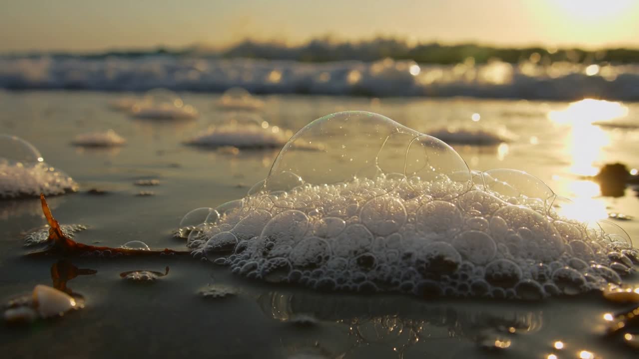 Scena naturalistica che mostra la schiuma del mare che si muove sulla sabbia bagnata, onde che si avvicinano a una cupola estesa, ramoscello che si unisce.