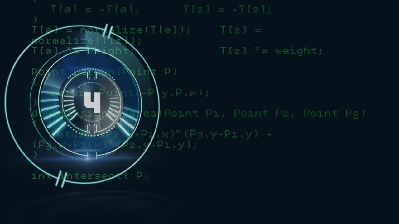 Countdown timer over neon round scanner against data processing on black background
