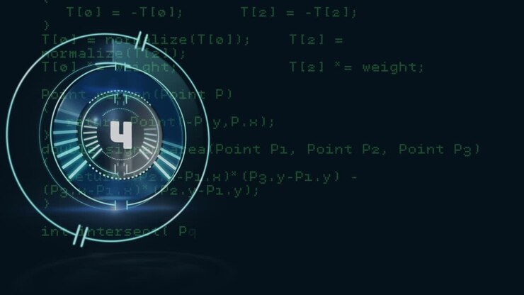 Countdown timer over neon round scanner against data processing on black background