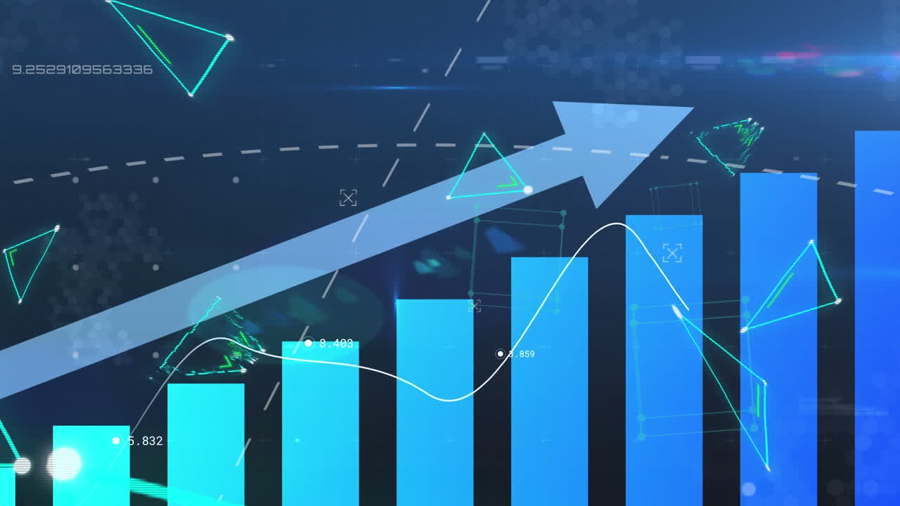 animación del procesamiento de datos financieros con flecha azul ascendiendo sobre triángulos verdes flotantes