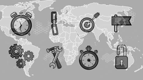 animation of business icons over world map on grey background