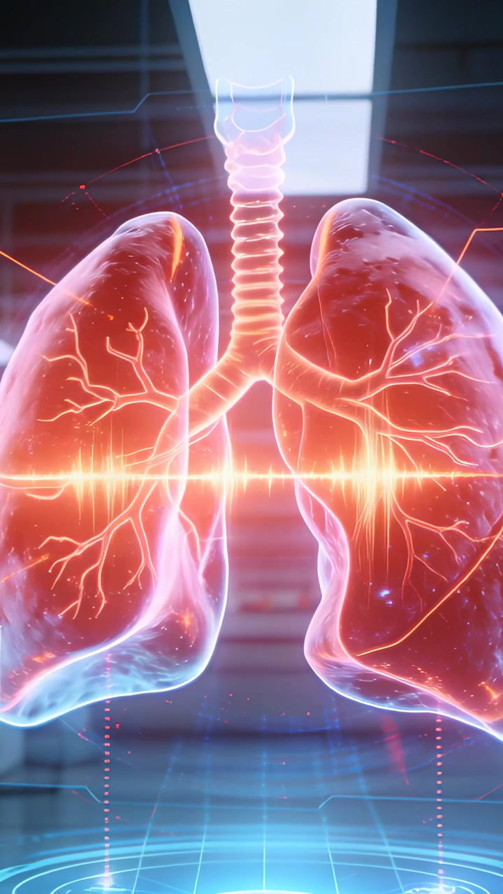 Video verticale: Polmoni olografici che pulsano in laboratorio per una scansione, con forma d'onda e bagliore dei bronchi.