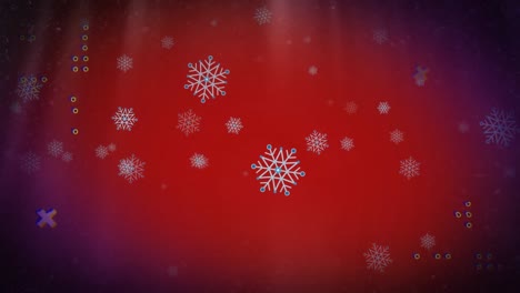 Animation-of-abstract-shapes-over-snowflakes-icons-in-seamless-pattern-against-red-background