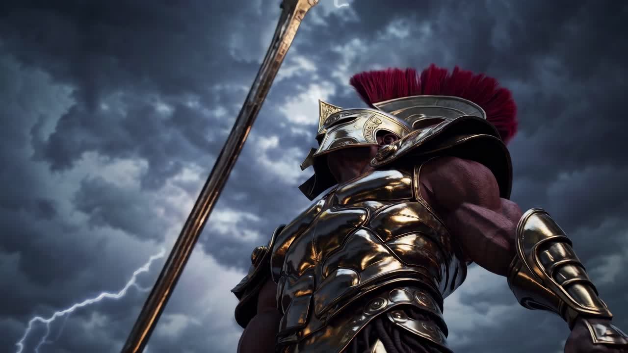 Epic low-angle shot of a warrior in golden armor, set against a stormy sky