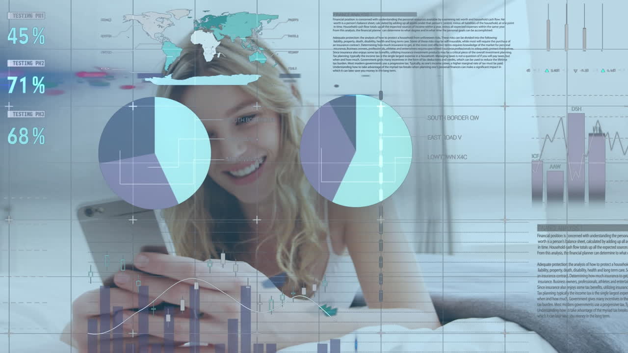 animación de procesamiento de datos estadísticos sobre mujer caucásica usando teléfono inteligente y sonriendo en la cama