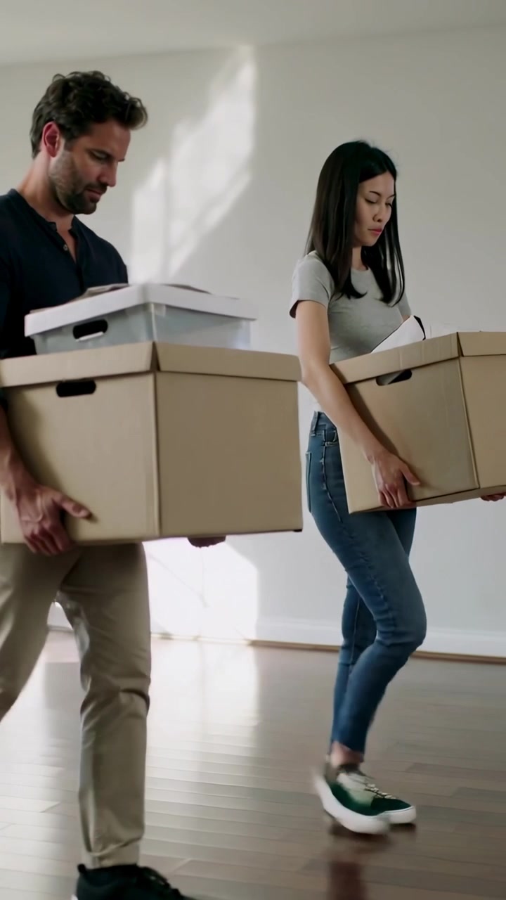 Video vertical: Entrando por la izquierda, una mujer y un hombre llevando cajas con un contenedor transparente en casa, revisando notas.