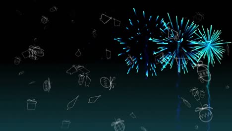 animation of christmas icons over fireworks