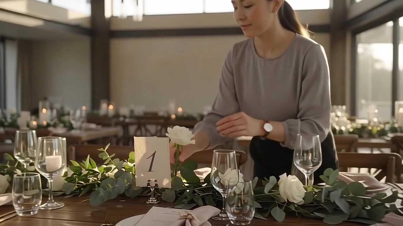 Event Planner Setting Up Elegant Wedding Table Decorations