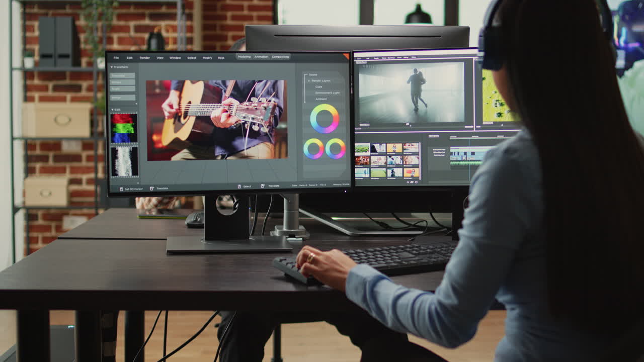 Asian filmmaker editing video and audio montage in creative agency