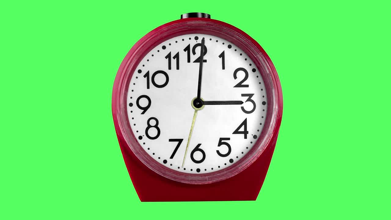 seamless looping animation with classic red plastic alarm clock with big numerals on a green screen or chroma key background