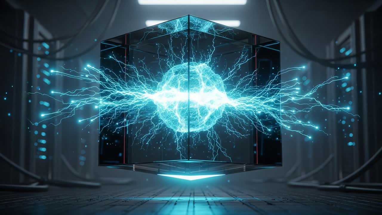 A Stunning Visual Representation of Energy in a Futuristic Cube Structure, Highlighting Electrifying Blue Currents in a High-Tech Environment