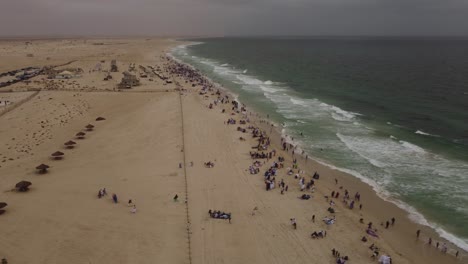 Aerial-panning-of-the-Bahamas-beach,-near-Nouakchott,-Mauritania