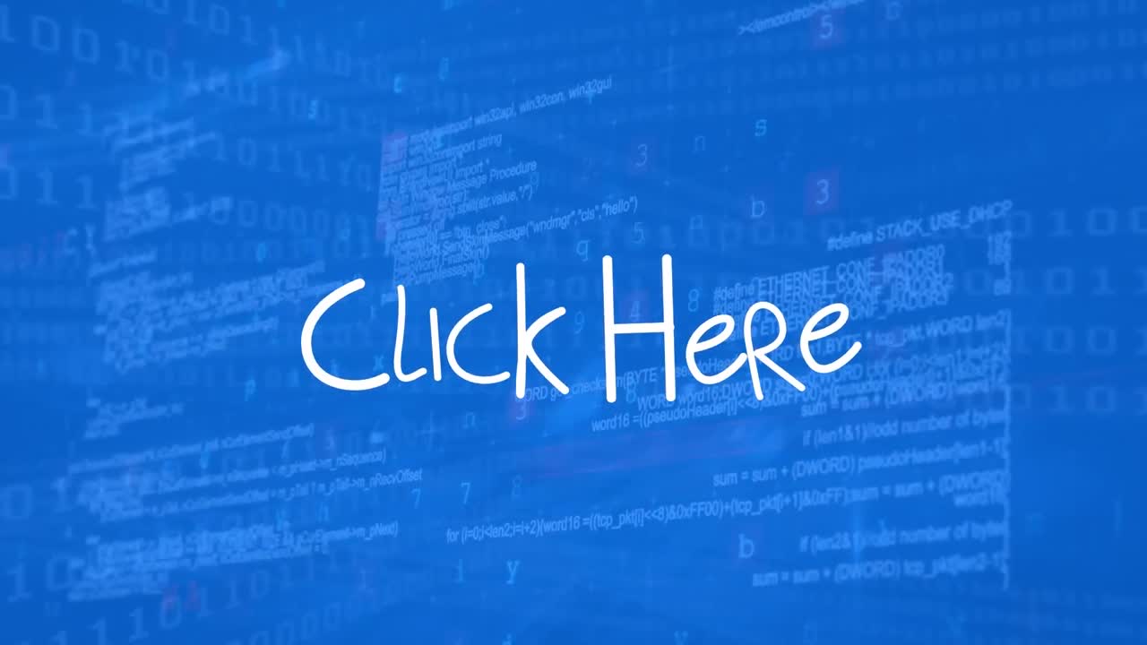Animation of click here text over data processing on blue background
