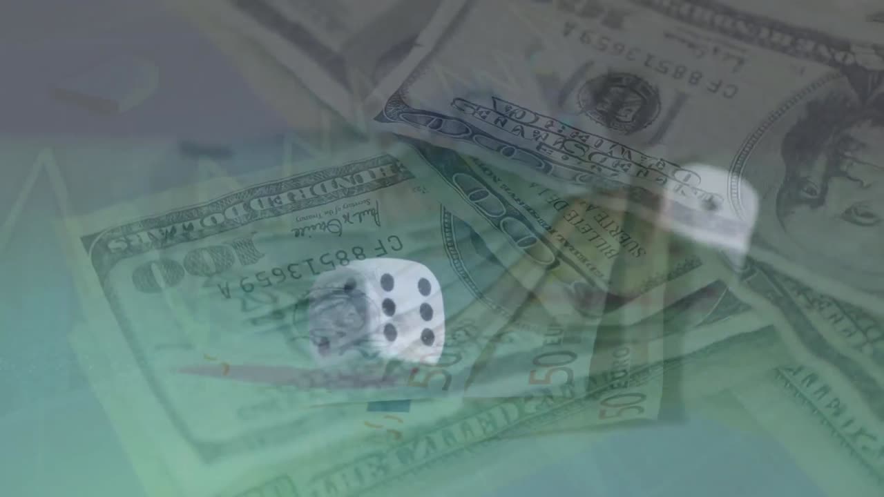 Animation du traitement de données sur des billets de banque et des dés