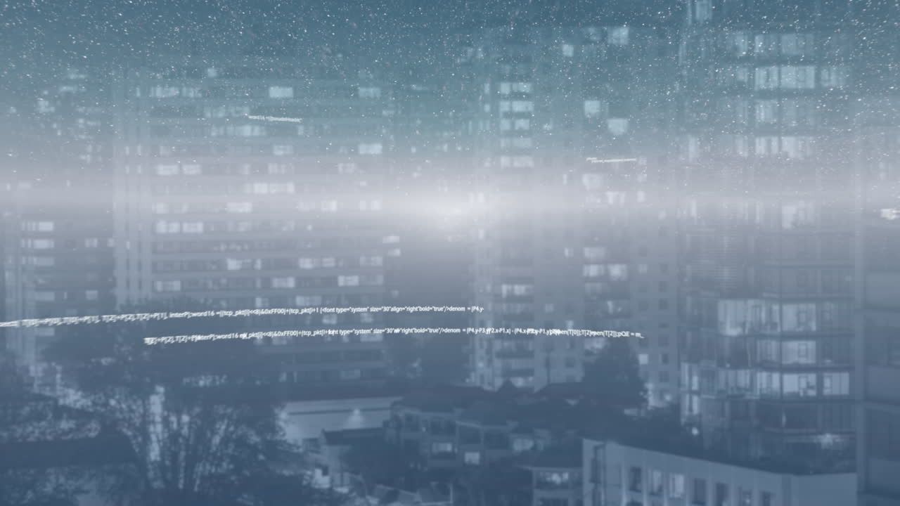 도시 풍경 위의 데이터 처리 애니메이션