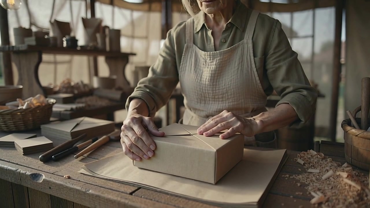 Posizionamento di una scatola di cartone su carta kraft, artigiano con grembiule che avvolge la scatola al banco di una bancarella per la vendita
