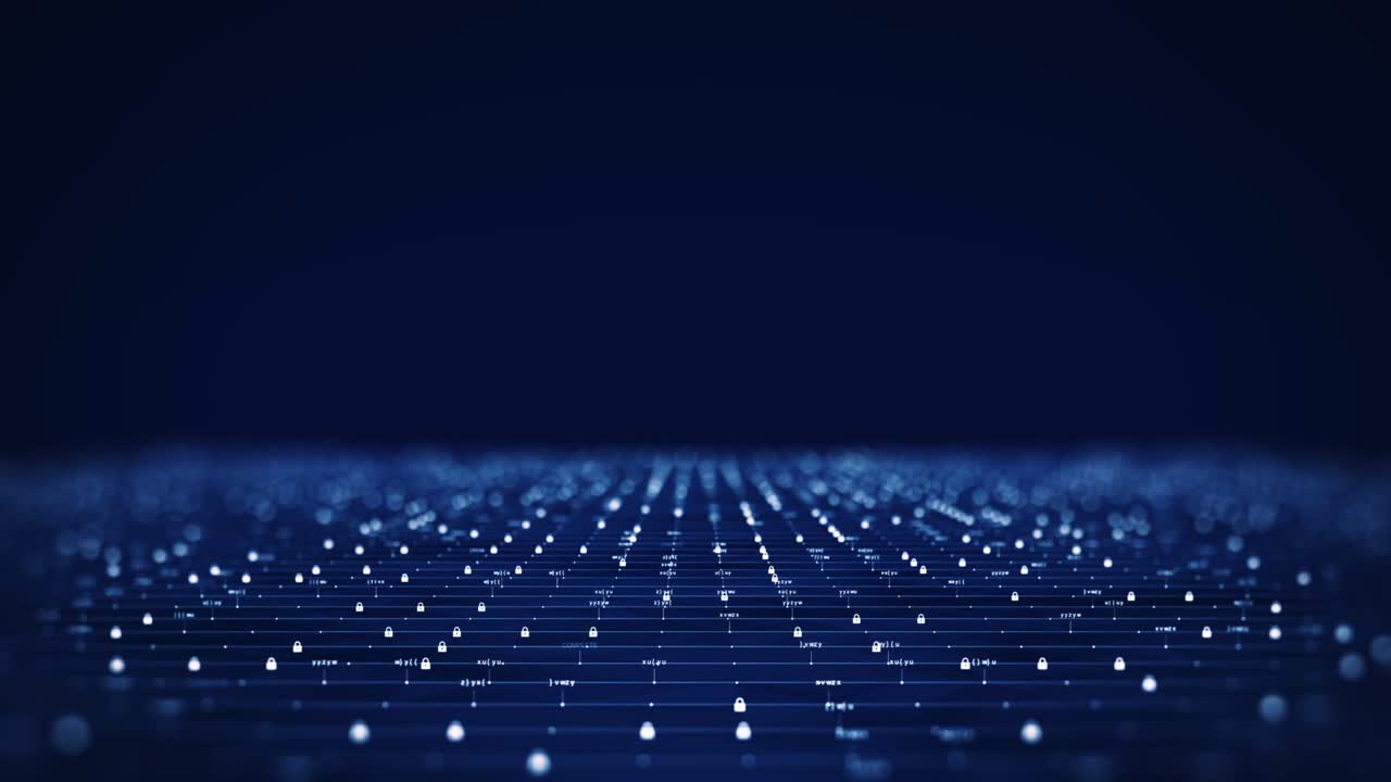 Cybersecurity and digital data protection technology concept. Connection of small binary padlock polygons on dark blue background. Protect the computer system of the Internet network online.