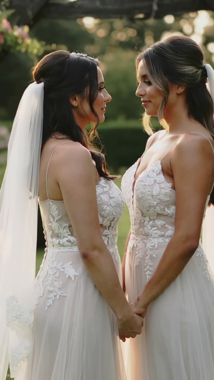 Video vertical: Dos novias tomadas de la mano, votos comenzando bajo un cenador de jardín, vestidos y velos iluminados por el sol