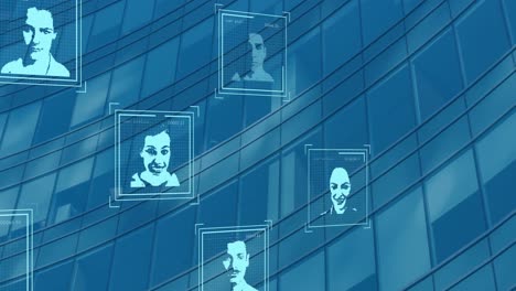Animation-of-multiple-profile-icons-moving-against-tall-building