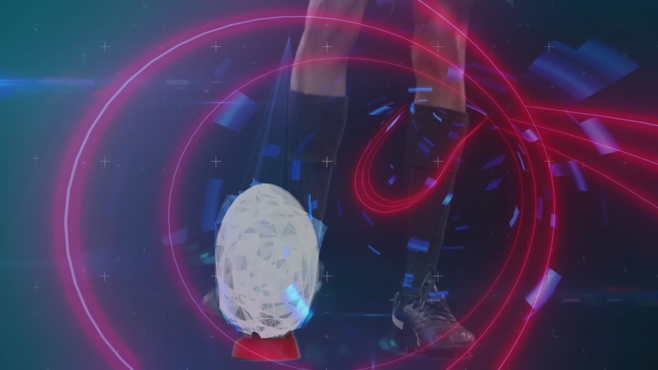 Animation of interface processing data over rugby player kicking ball