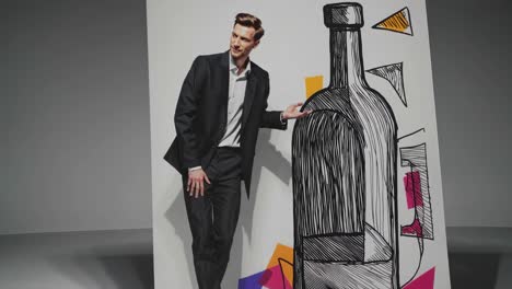 hombre en un traje posando frente a una pintura de una botella