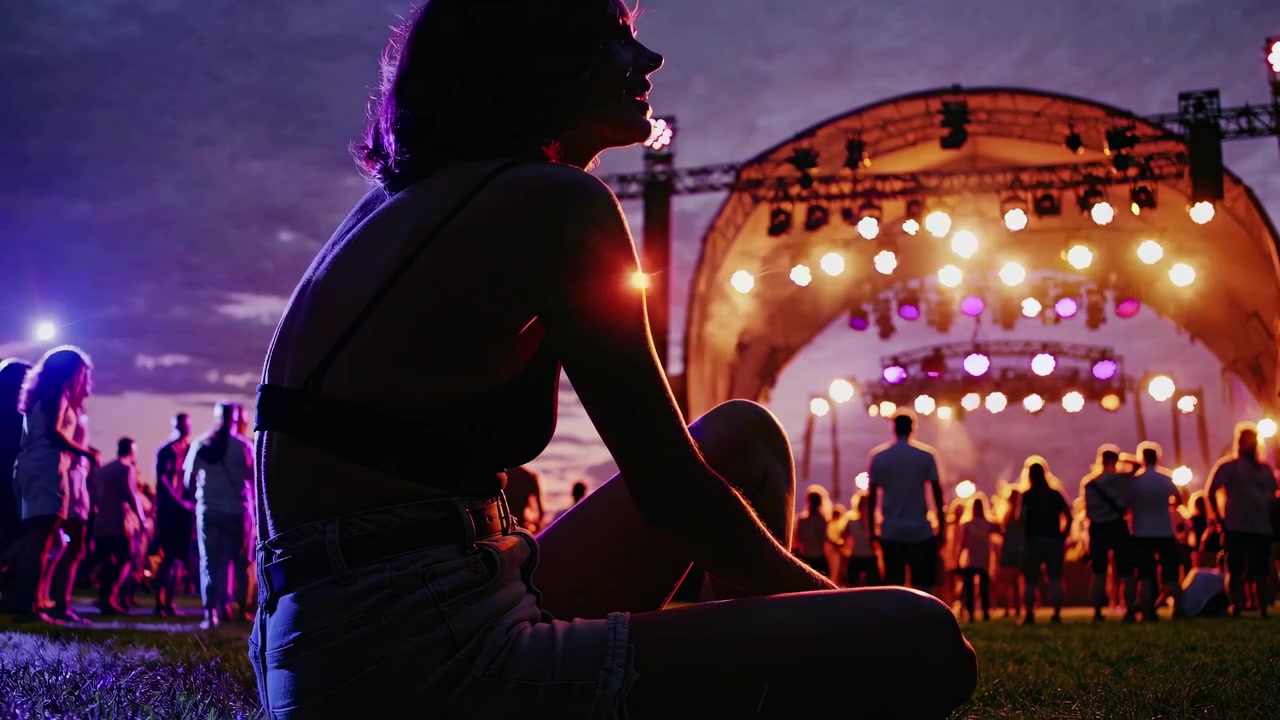 Silhouette of Young Woman Sitting on Grass at Outdoor Music Festival
