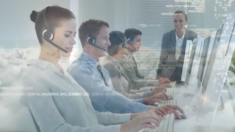 animación del procesamiento de datos sobre personas de negocios que usan auriculares telefónicos