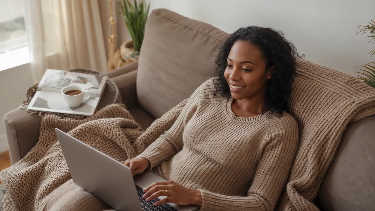 Typing pregnant woman wearing beige knit set, reclining on living room couch, replying on laptop