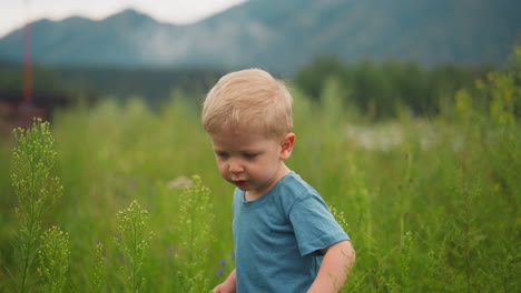 El-Niño-Pequeño-Juega-Con-Hierba-Verde-Alta-Caminando-En-El-Campo