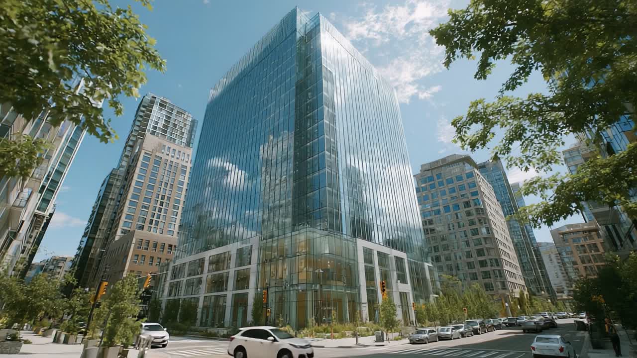 Maravilha Arquitetônica Moderna: Um deslumbrante edifício de vidro rodeado por paisagem urbana e vegetação exuberante, destacando o design contemporâneo em um ambiente de cidade movimentada.