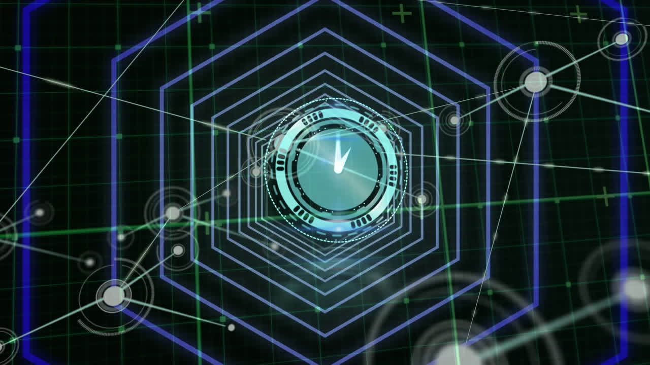 animación de reloj moviéndose rápidamente sobre hexágonos y red de conexiones con puntos brillantes