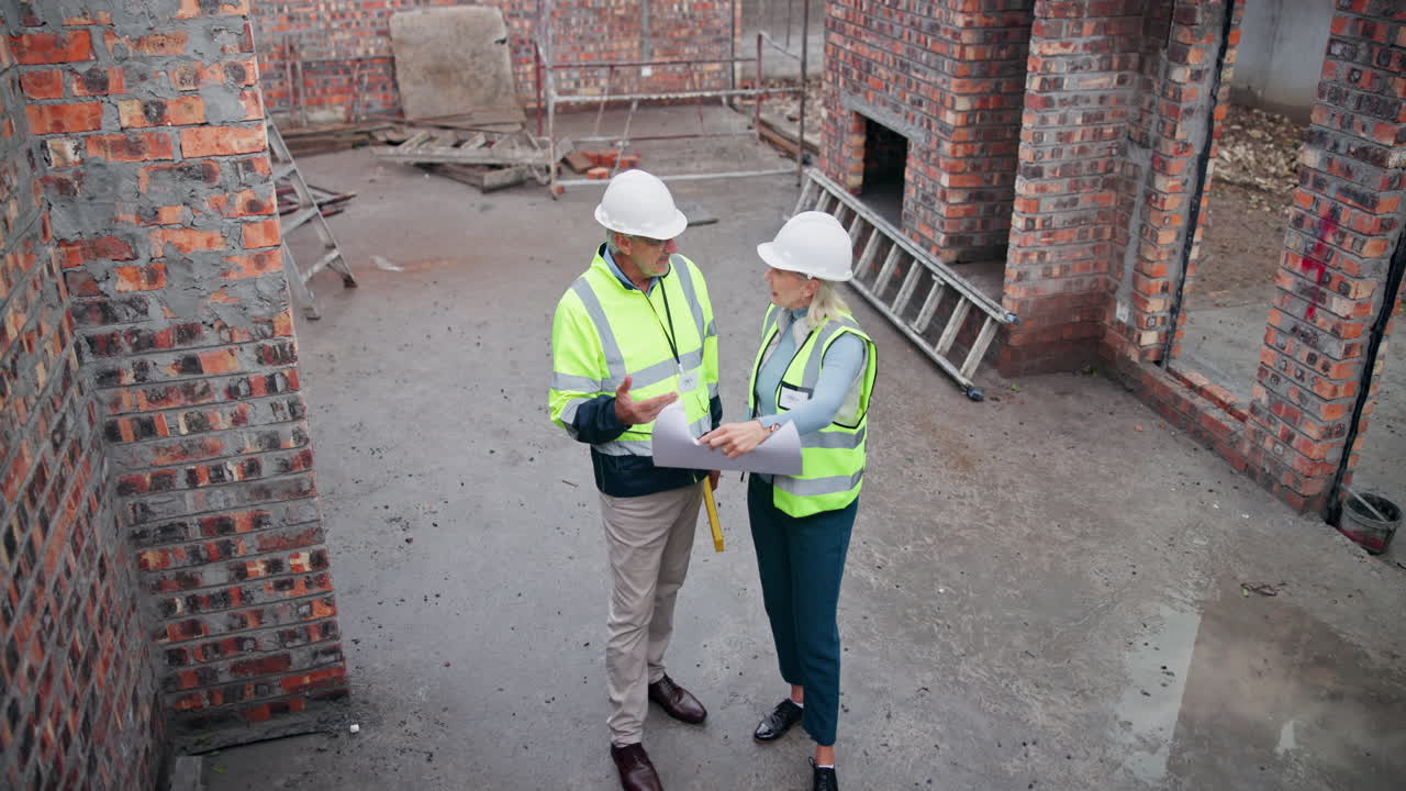 Construction workers review plans on site