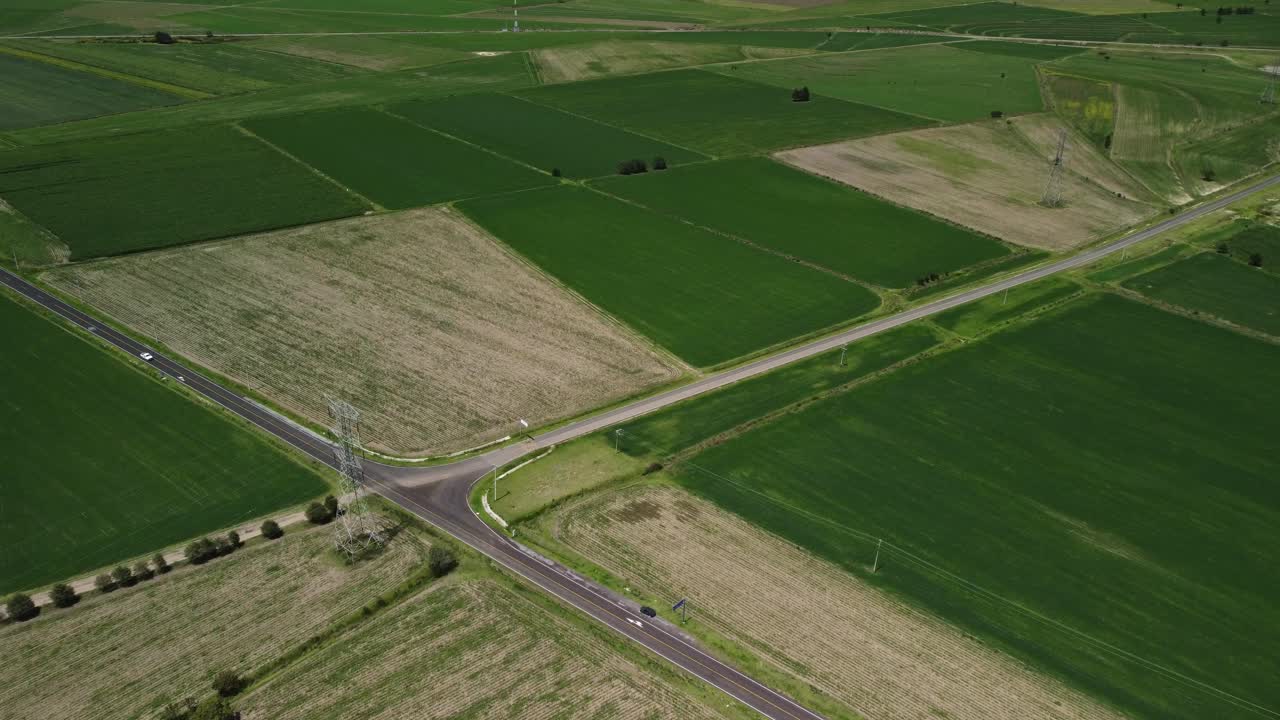 In Tlaxcala, Mexico, a drone captured a video of agricultural fields with birds flying overhead and people crossing roadways