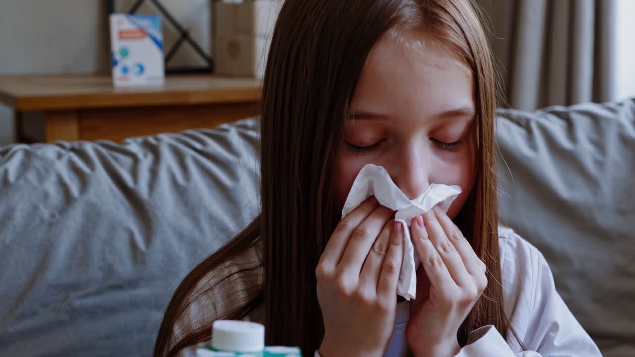 niño enfermo soplando la nariz
