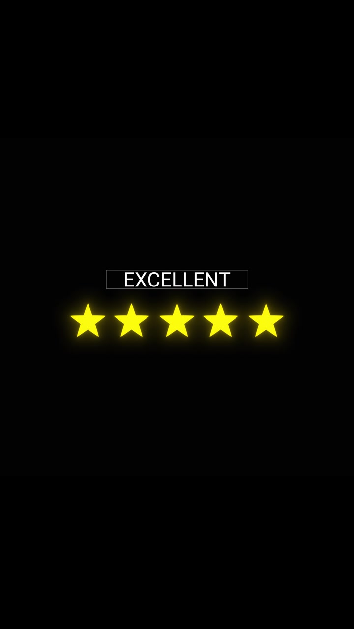 Excellent five star rating background with glowing yellow stars white review text and black empty