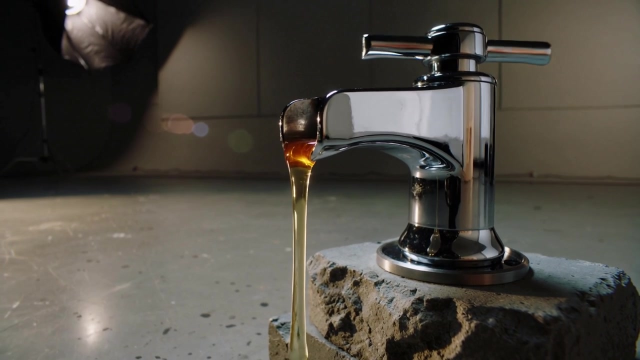 Beccuccio di rubinetto cromato che rilascia una goccia di liquido ambrato, che poi si allunga in un flusso sul pavimento dello studio.