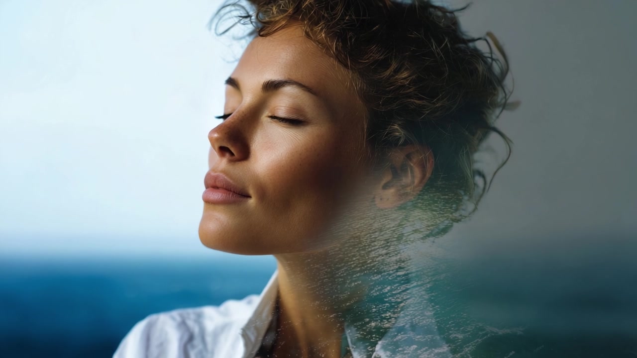 Un momento sereno catturato: una donna con i capelli ricci che si gode un'esperienza pacifica vicino all'acqua, emanando tranquillità e connessione con la natura.