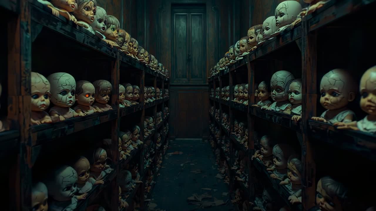 Camera dollying forward through dark corridor of baby doll shelves, revealing flickering red eyes