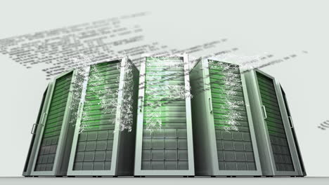 animation of nft text banner and data processing over computer servers against grey background