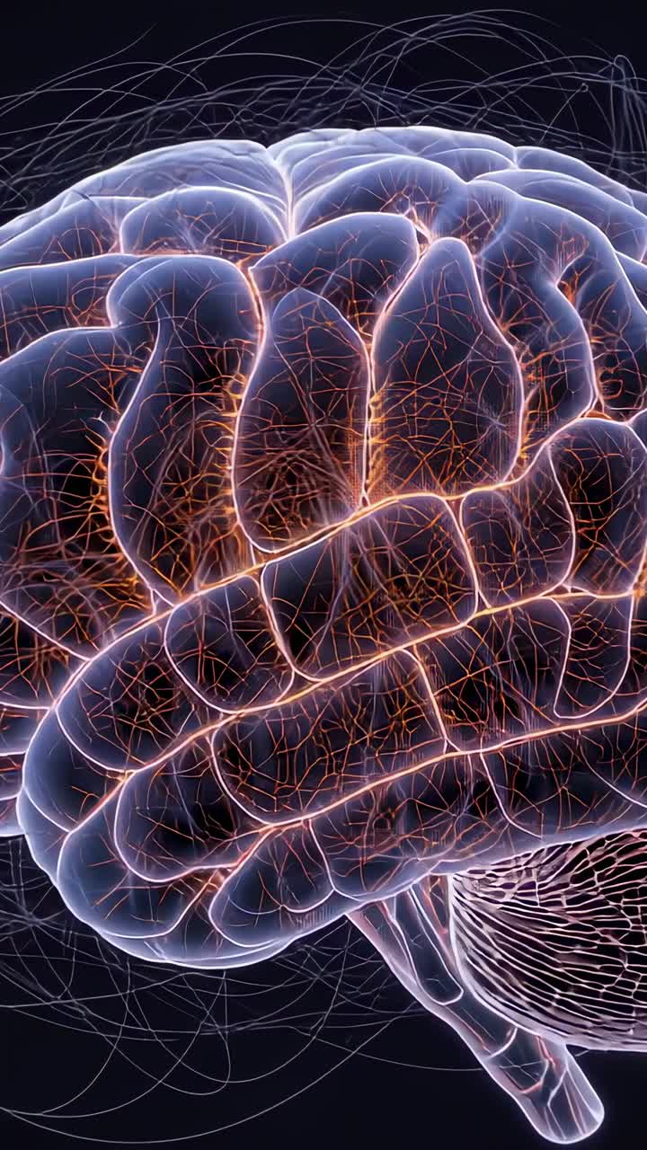 Vertical video: Zooming camera showing 3D brain in dark field, pulsing filaments for science
