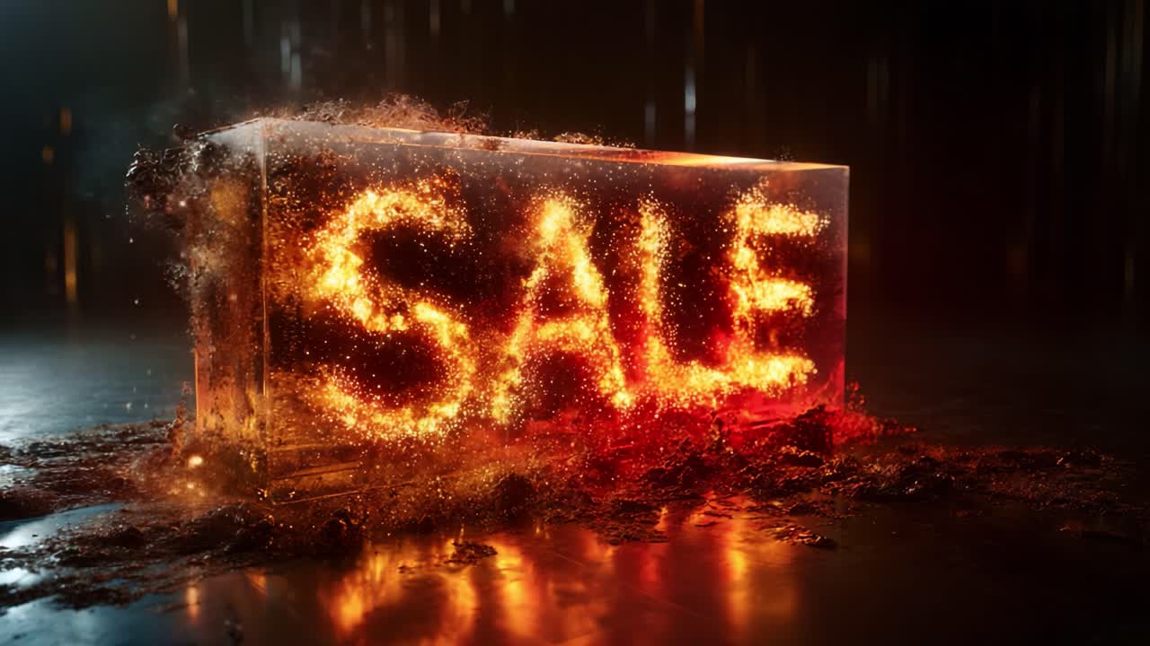 Dynamic Sparkling Sale Block with Fiery Embers and Lava, Capturing the Essence of a Hot Discount on Products in a Striking Visual Display