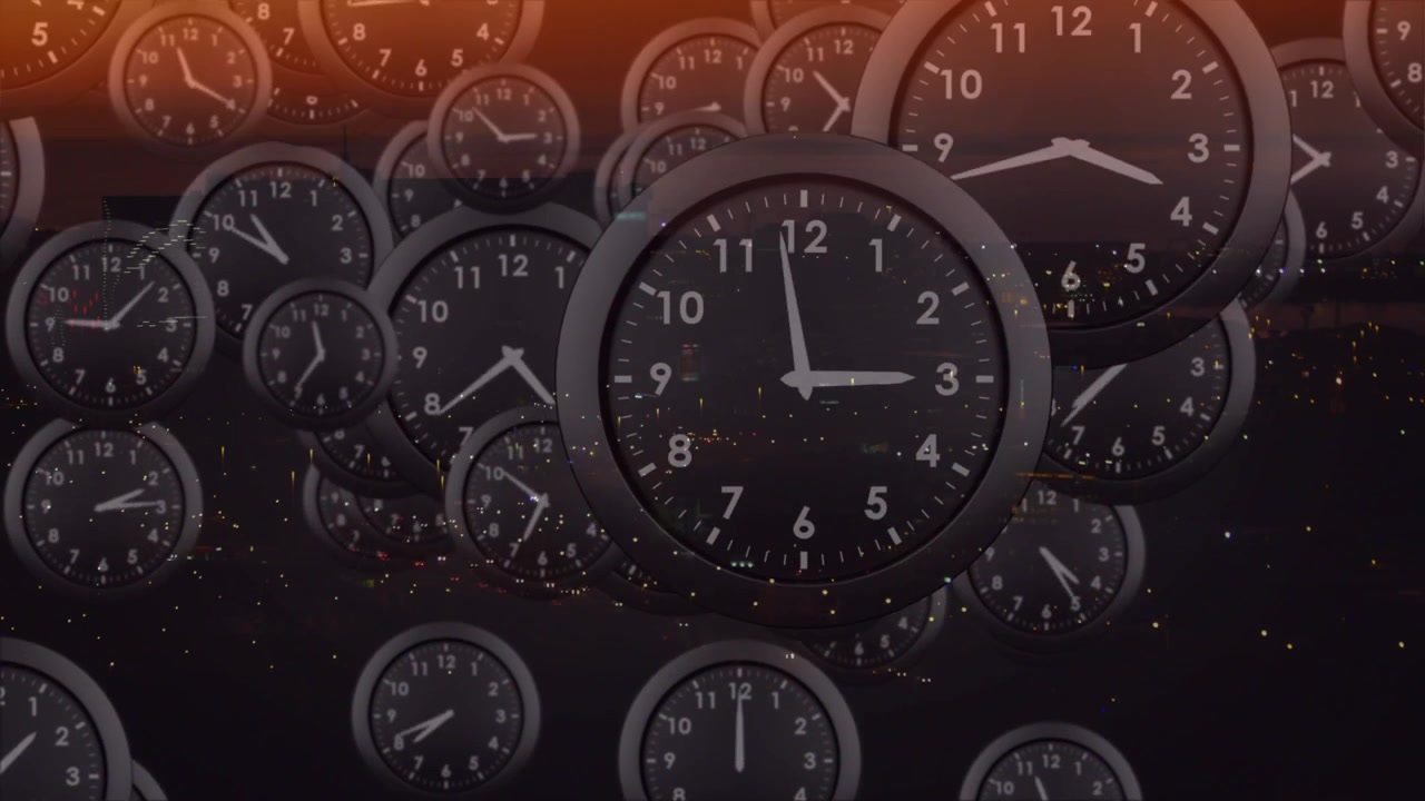 Zooming camera starting clocks scaling up overlapping, hands ticking, creating crowd, orange leak