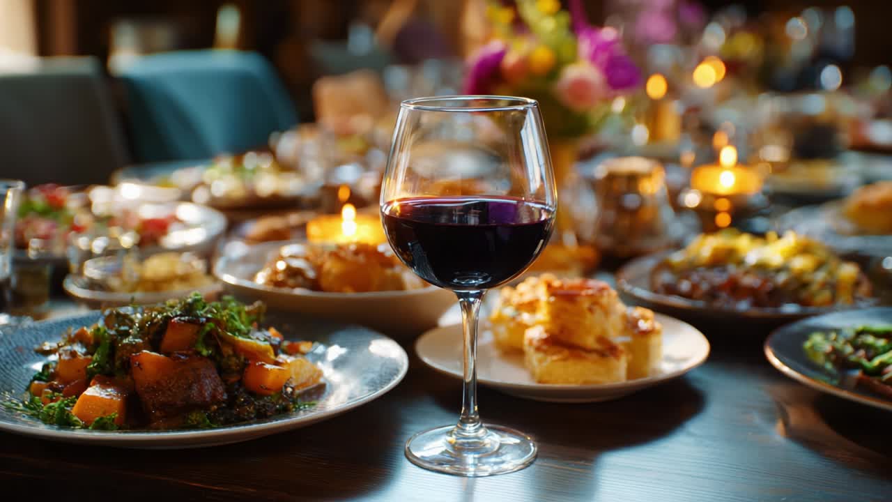 A Festive Banquet Setting Featuring an Array of Delicious Dishes and a Glass of Red Wine, Perfect for Celebrating Special Occasions with Friends and Family Around a Beautifully Decorated Table