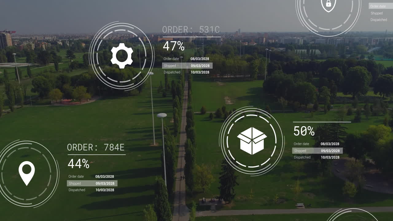 animación de la red de iconos y procesamiento de datos sobre el paisaje
