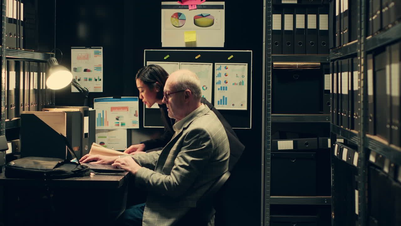 agentes de la ley estudiando información clasificada antigua de carpetas de archivos de la policía